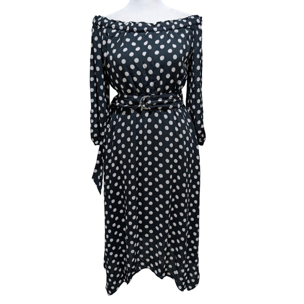 Maeve Anthropologie Black Polka Dot Off Shoulder Handkerchief Hem Midi Dress 6P